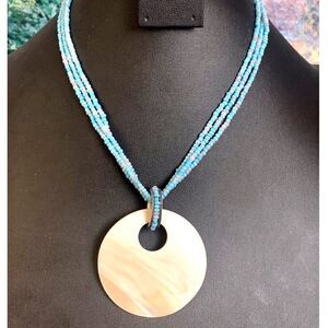 AVON MOP and Blue Seed Bead Beach Necklace, Stamped, Vintage
